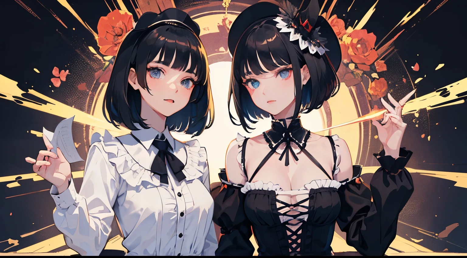 masterpiece, PERFECT FACE, Detailed heterochromia eyes, festival in the background, gothic, 1girl, , short black hair, very detailed hair, magician girl, magician hats, full black vest costume, visible torso, elegant and masquerade, gothic, strong pose