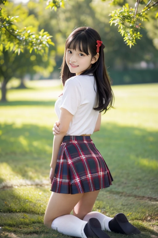 (((​masterpiece))), (((Full body photo)))， (One beautiful Japan girl, Innocence，kawaii) ，超A high resolution, Realistic, ultra-detailliert, 8K,top-quality, Extremely detailed, Detailed background,A slender,very beautiful japanese girl, Detailed face:1.3), (short-haired,Cute hair ornament with hair tied short and up，A dark-haired :1.4), (a baby face，kawaii系,adorable 10 year old girl), (Perfect body:1.1),  (White shirt，Red Check Ribbon，Red plaid mini skirt、Dark blue high socks、lowfers), On the lawn of the park，A smile that makes you want to hug,Show your beautiful teeth,((Focus on the crotch，Lift up the hem of your skirt by yourself、Panties are visible))，Looking back、sexy  pose，rosy cheeks，Super Detailed Face、Detailed lips、A detailed eye、small gravure idol，Transparent skin、****ta，japanese hight school uniform，Shade，Under a big tree，Photorealistic:1.37，no-makeup，Neutral Lighting，((posterior view))、Looking up from the ground