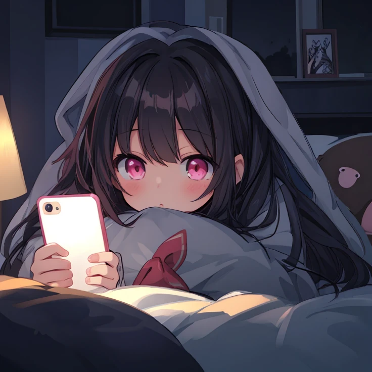 anime girl with pink eyes in bed with a phone in her hand, anime visual of a cute girl, cute anime girl, digital anime illustration, anime picture, 4k manga wallpaper, 4k anime wallpaper, soft anime illustration, anime wallaper, anime art wallpaper 8k, guweiz on pixiv artstation