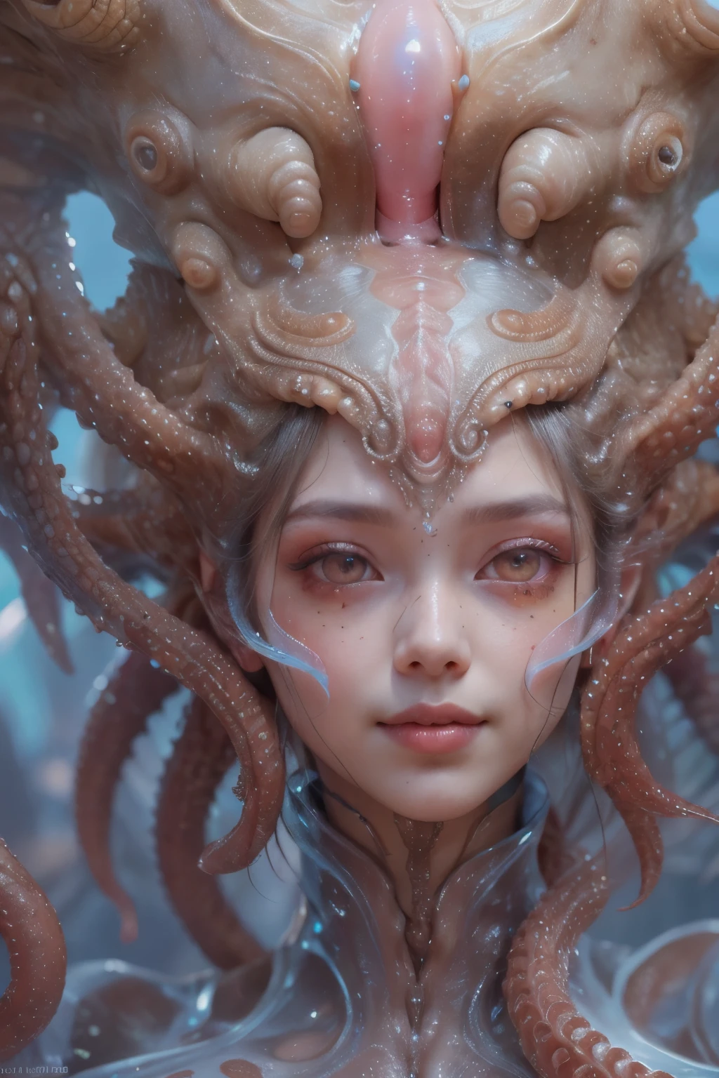 Portrait, (1 beautiful female alien:1.2), ((There is a female genital-like organ in the middle of the forehead.:1.9)), (The most beautiful face in the history of the universe:1.2), (Scarlet eyes that shine mysteriously:1.6), (Translucent skin:1.8), an evil gaze that seduces, (red eyes:1.5), (large mouth:1.1), sharp teeth like a shark, Full body like, (bio luminescent:1.2), (Smile wickedly:1.3), (sexypose:1.5), alien, No humans, cells are fused, (Lots of translucent tentacles:1.1) (Translucent skin:1.3), extraterrestrial, cell, bio image, Best Quality, 8K,4K_quality, High Definition, Dramatic Lighting, masutepiece:1.5,cinematic quality, detail up, (Intricate details:1.2), High resolution, High Definition, drawing faithfully, (Thick eyebrows:1.2), Beautiful eyes with fine symmetry, (Ultra detailed eyes:1.2),(Highly detailed face and eyes:1.2), (High-resolution red-eye:1.4), Intimate face, (Super detailed skin quality feeling:1.4), Perfect Anatomy, (Beautiful toned body:1.5), (Moist skin:1.2), No makeup, (dark circles:1.1), long canines, cinematic drawing of characters, ultra high quality model, cinematic quality, detail up, (Intricate details:1.2), High resolution, High Definition, drawing faithfully, Official art, Unity 8K wall , 8K Portrait, Best Quality, Very High resolution, ultra detailed artistic photography, midnight aura, unreal enginee 5, Ultra Sharp Focus, art by alberto seveso, ArtGerm, Roisch, intricate artwork, best quality, masutepiece, ultra High resolution, (photos realistic:1.4), Ultra-realistic realism, dream-like, nautilus, Creation of fantasy, Snail, Dream Snail, (biopunk nautilus:1.3), Thrilling color schemes, Ultra-realistic realism, seductively smiling, Blue tentacles, Creatures that mimic humans