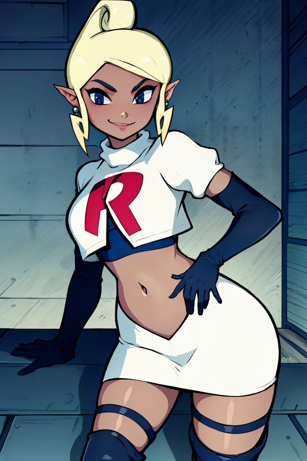 Tetra_Zelda ,glossy lips, light makeup, eye shadow, earrings ,team rocket,team rocket uniform, red letter R, white skirt,white crop top,black thigh-high boots, black elbow gloves,evil smile, sexy poses