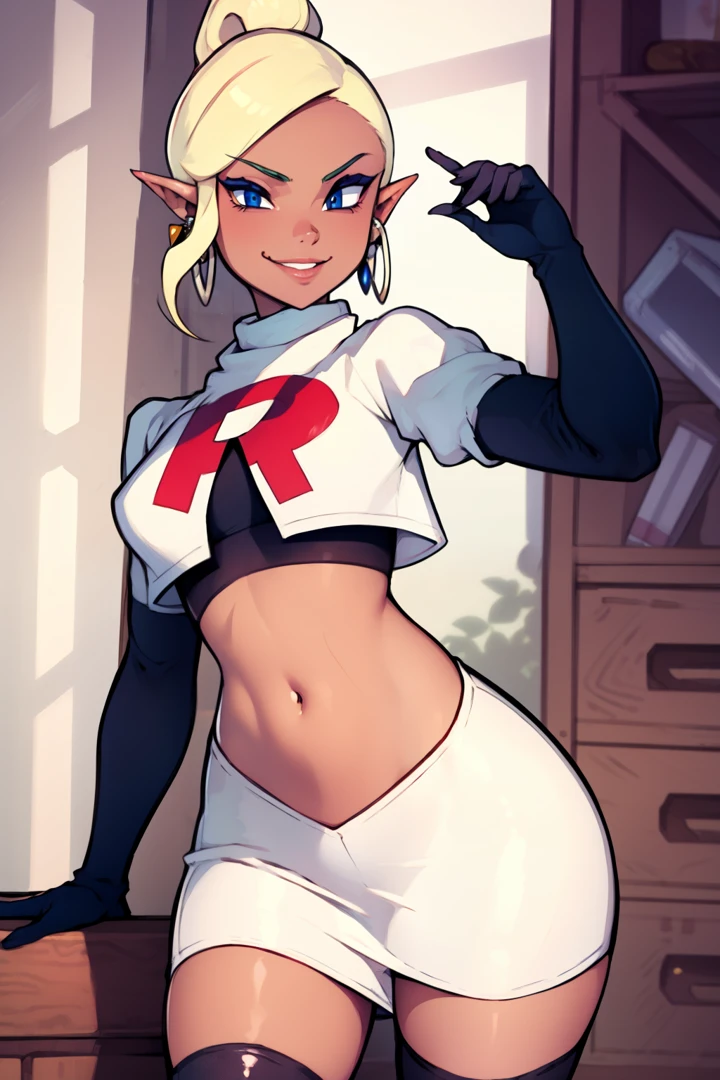 Tetra_Zelda ,glossy lips, light makeup, eye shadow, earrings ,team rocket,team rocket uniform, red letter R, white skirt,white crop top,black thigh-high boots, black elbow gloves,evil smile, sexy poses