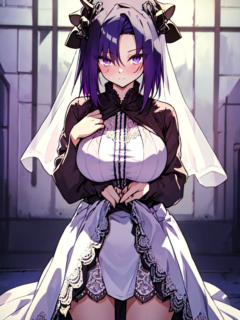 tmasterpiece, Best quality at best, A high resolution, hello1, lowbrow, Purple colored hair, a purple eye, (humongous large breast), hair pin, , (skirt lift front, Lace), like juice :1.4, Sheer wedding dresses, glowing, cow boy shot,