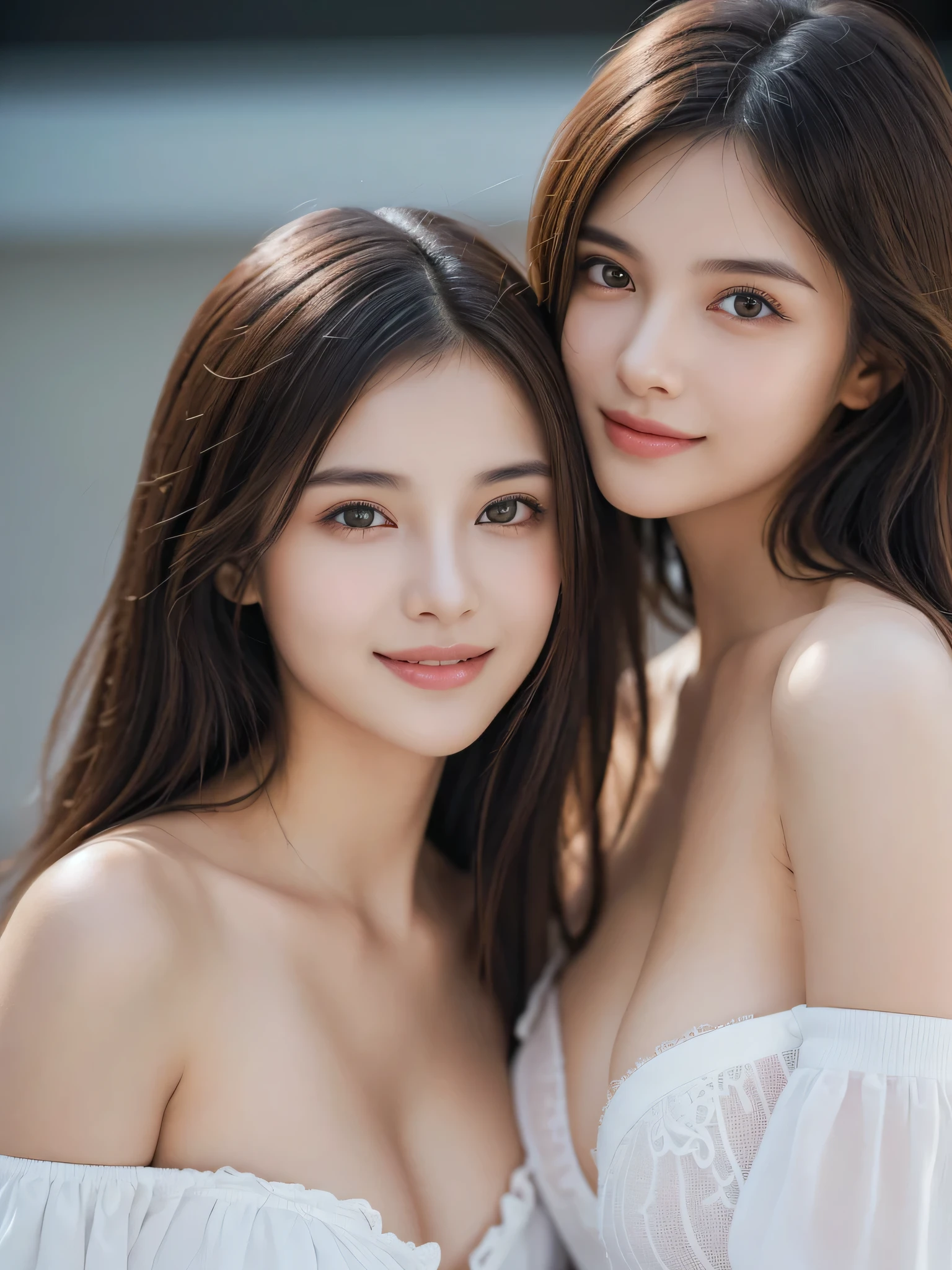 (2girls:1.3), (Ultra Realistic, hight resolution), (Highly detailed eyes, Highly detailed hair, Highly detailed face, Highly detailed plump lips), (off shoulder with open breasts), breasts, Upper body, Search Smile, (Best Quality:1.4), Raw photo, (Realistic, photo-Realistic:1.37), Professional Photography, Cinematic Light, (Fine face: 1.2), (View from above),