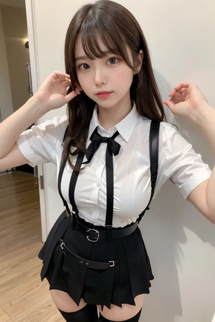 Brown hair、watching at viewers　　suspenders　　　big breasts　　 　 　　　　Black miniskirt　garterbelts　knee high socks　　　　　　Gaze　　　Small face　bangss 　　　　　Beautuful Women　　hands up　　 　Gaze 　Black boots 　　　Armpit sweat　soio 　　Fold your hands behind your back　Belt Shirt　teats