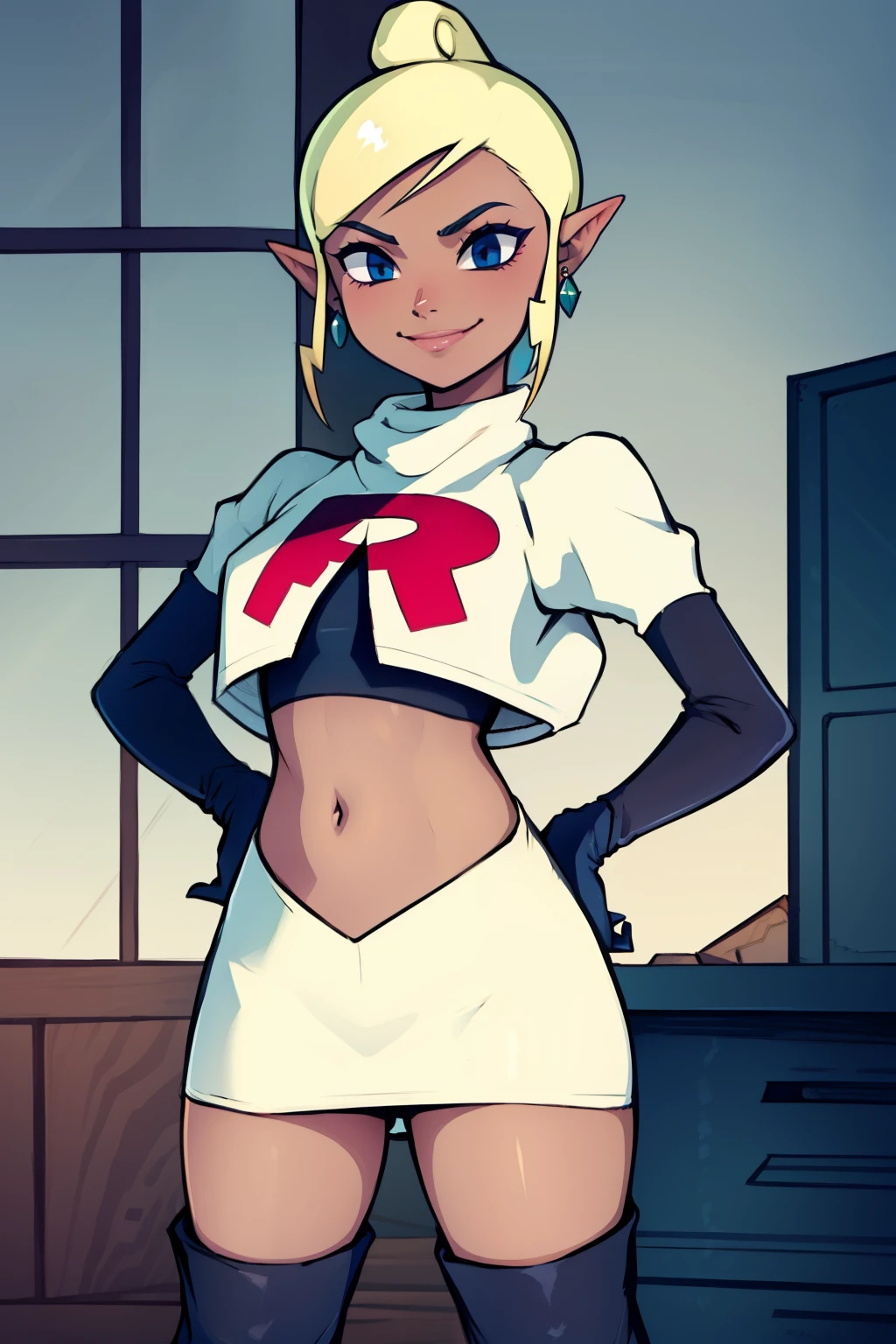 Tetra_Zelda ,glossy lips, light makeup, eye shadow, earrings ,team rocket,team rocket uniform, red letter R, white skirt,white crop top,black thigh-high boots, black elbow gloves,evil smile, hands on hips