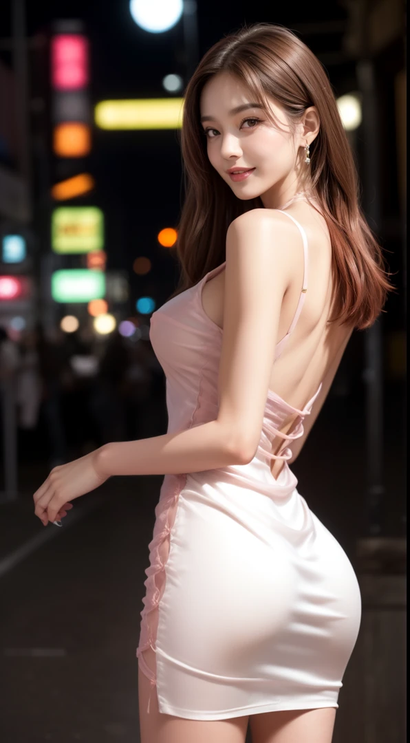 8K, masutepiece, Unripe, Best Quality, Photorealistic, Highly detailed CG Unity 8k wallpaper, depth of fields, Cinematic Light, Lens Flare, Ray tracing, (Extremely beautiful face, Beautiful lips, Beautiful eyes), intricate detail face, ((Ultra detailed skin)) 1girl in, In the Dark, deepshadow, Pretty Korean girl, Kpop Idol, 1 girl, (Very slim and slender fit muscular body:1.3), ((Looking at Viewer)),(Big smile:1.3), (Fashion City Night, a dark night, (Neon sign), (Blurred background), Fashion Street Night),(No people in the background:1.3), Beautiful earrings, Bracelets, Necklace, pantyhose, Clear eyes, Walking, (pale skin), (big eye ace forward, (brown hair body shot), ((Silk Hot Pink Color Dress:1.3)), ((tight fit dresses)), ((laced dress)), (Looking at Viewer:1.3) opened breast, Very slim, medium breasts, backtrack, (Back shot), ass forcus, Before the eyebrows,(Tight Dress), thick thighs