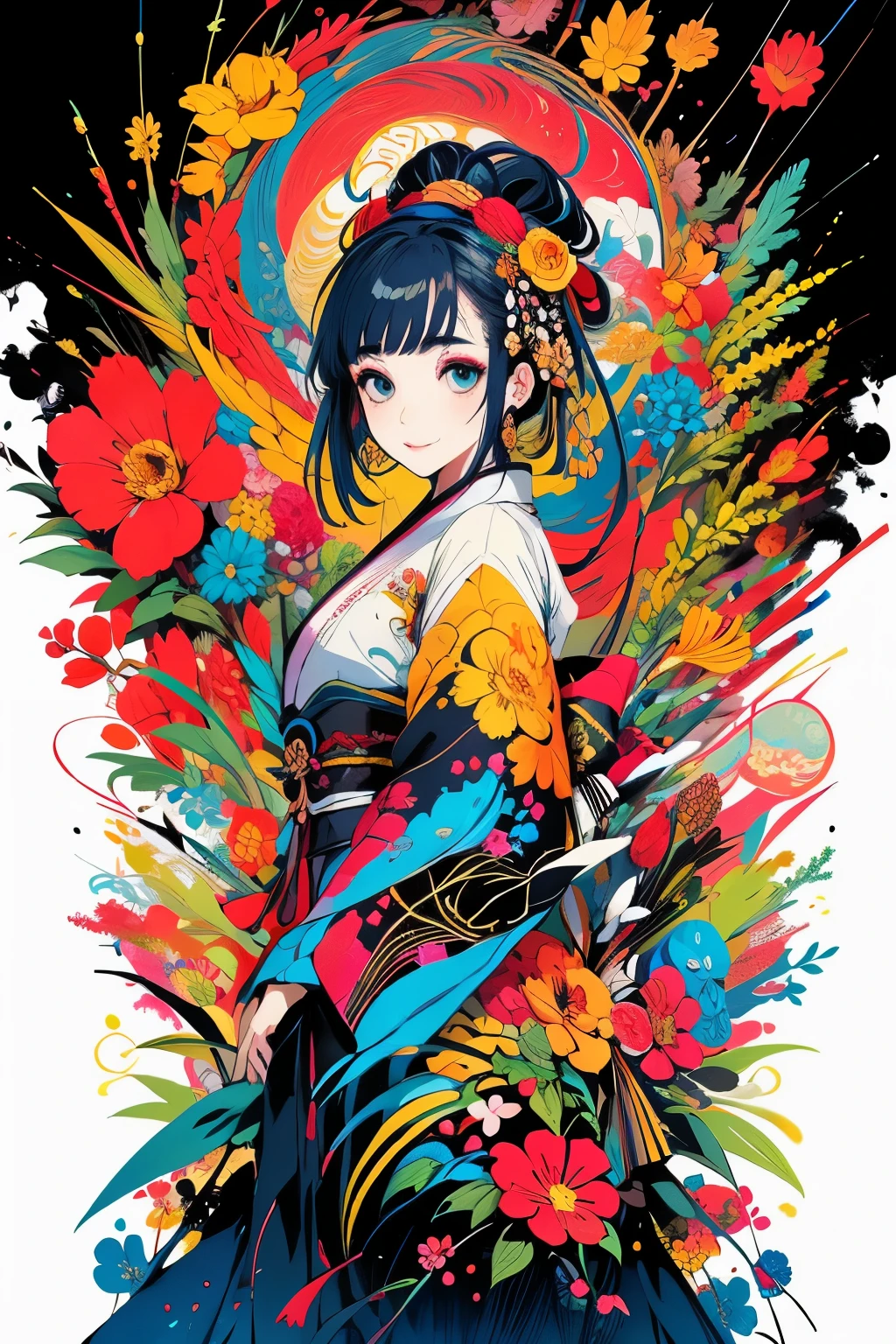 (masterpiece、top-quality、top-quality、Official art、Beautifully Aesthetic:1.2)、Painterly、sketch、Texture、超A high resolution、独奏、Beautuful Women、A highly detailed、(Fractal Art:1.1)、(colourfull:1.1)(florals:1.6)、The most detailed、(Zentangle:1.2)、(Dynamic Poses)、(Abstract background:1.3)、(shinny skin)、(Many colors:0.8)、、(耳环:1.4)、(pluma:0.9)、Taisho romance