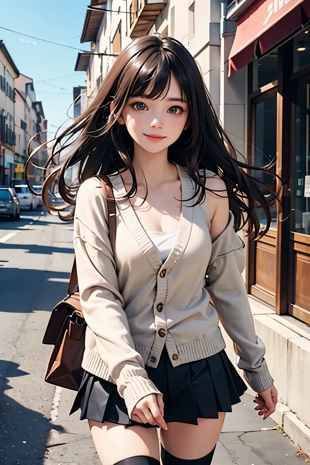 very cute and beautiful girl,(highly detailed beautiful face and eyes:1.2),(white blouse),
(smile:1.3),cowboy shot,looking at viewer,
(beige cardigan:1.2) BREAK zettai ryouiki,brown shoulder bag,(brown boots:1.2),
dynamic pose,dynamic angle,hair ornament,black hair,(pleated black mini skirt:1.2),shopping street,cafe terrace,flower shop,
(best quality,masterpiece:1.2),intricate details,extremely detailed,8k resolution,solo,natural lighting,
hair fluttering in the wind,beautiful detailed sky,