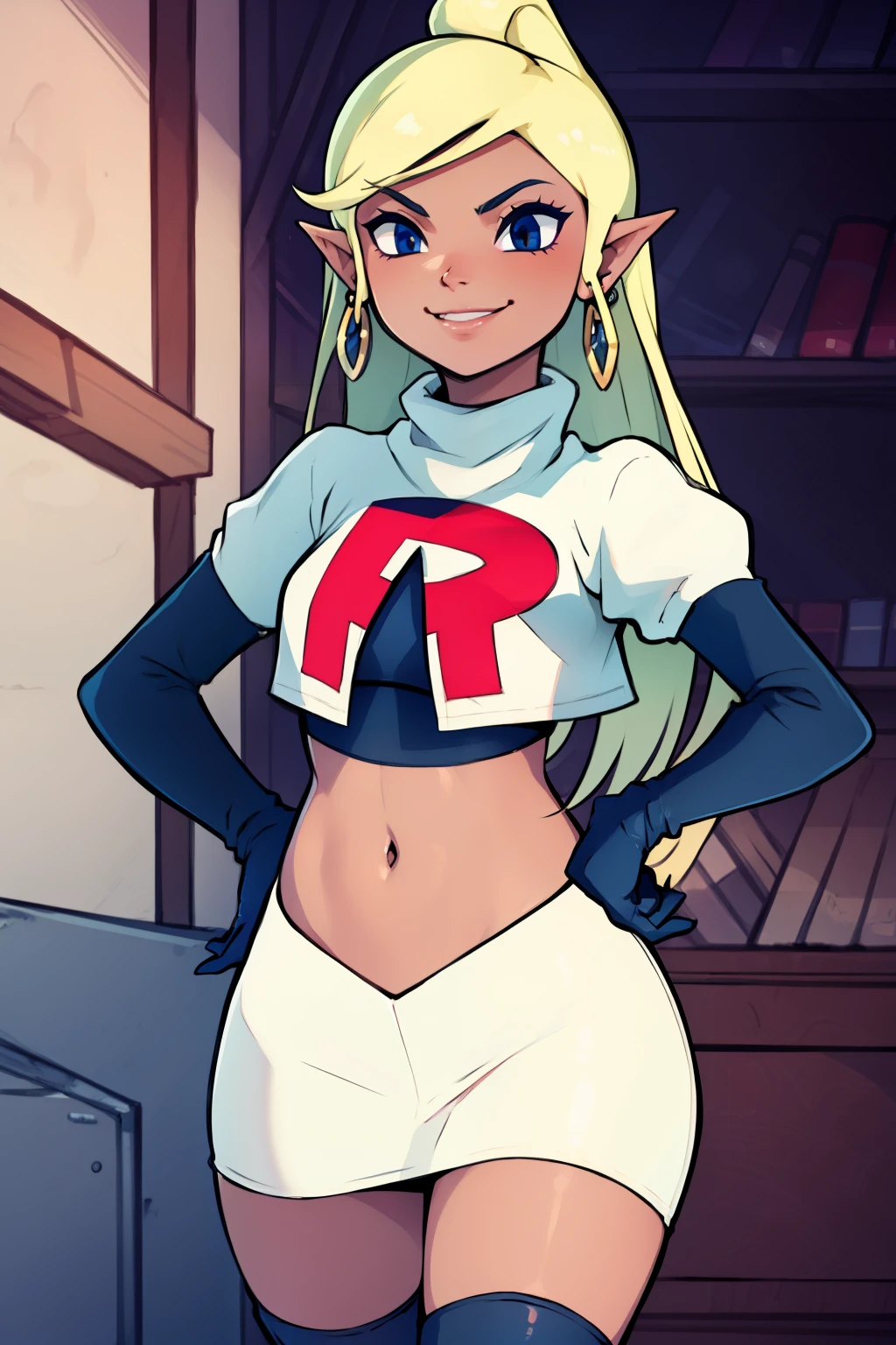 Tetra_Zelda ,glossy lips, light makeup, eye shadow, earrings ,team rocket,team rocket uniform, red letter R, white skirt,white crop top,black thigh-high boots, black elbow gloves,evil smile, hands on hips