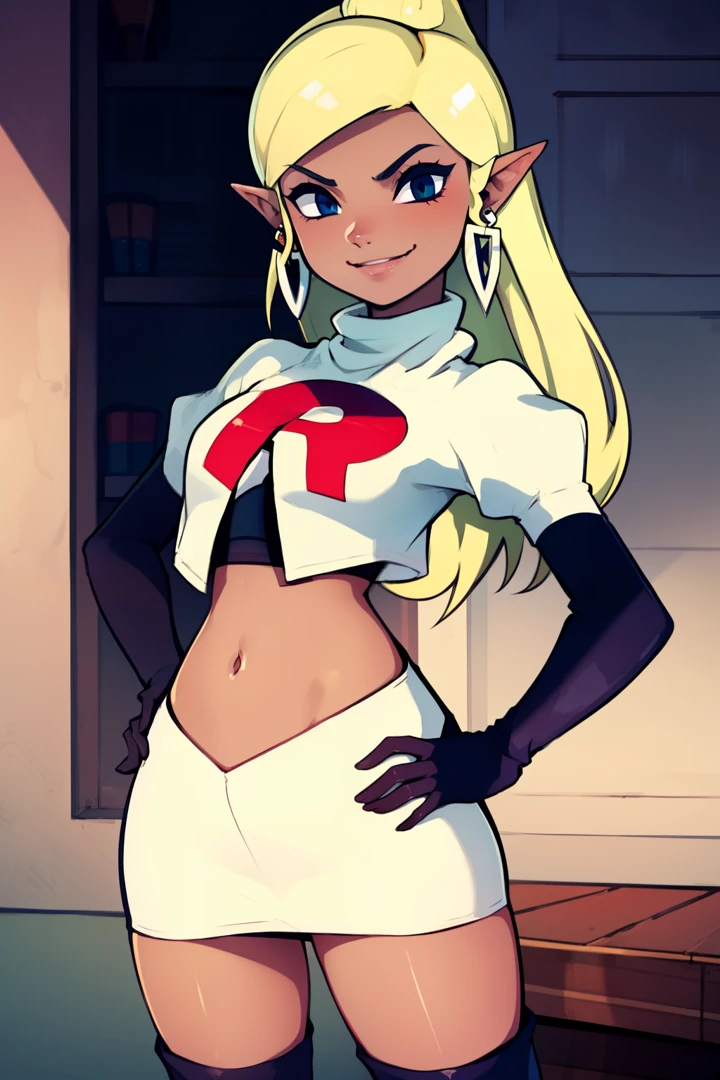 Tetra_Zelda ,glossy lips, light makeup, eye shadow, earrings ,team rocket,team rocket uniform, red letter R, white skirt,white crop top,black thigh-high boots, black elbow gloves,evil smile, hands on hips