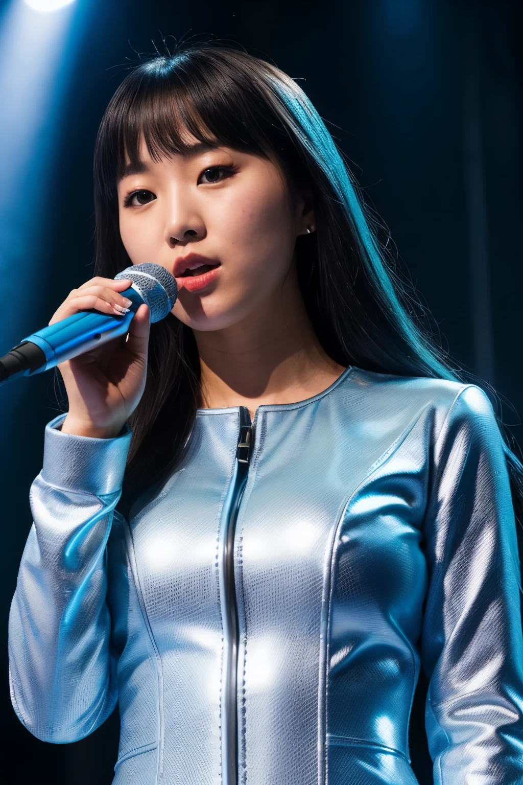 RAW photo, (closeup:1.2), portrait photo of korean-british woman, electric blue & silver idol suit, idol stage, standing, natural skin, holding microphone, 8k uhd, high quality, film grain, Fujifilm XT3