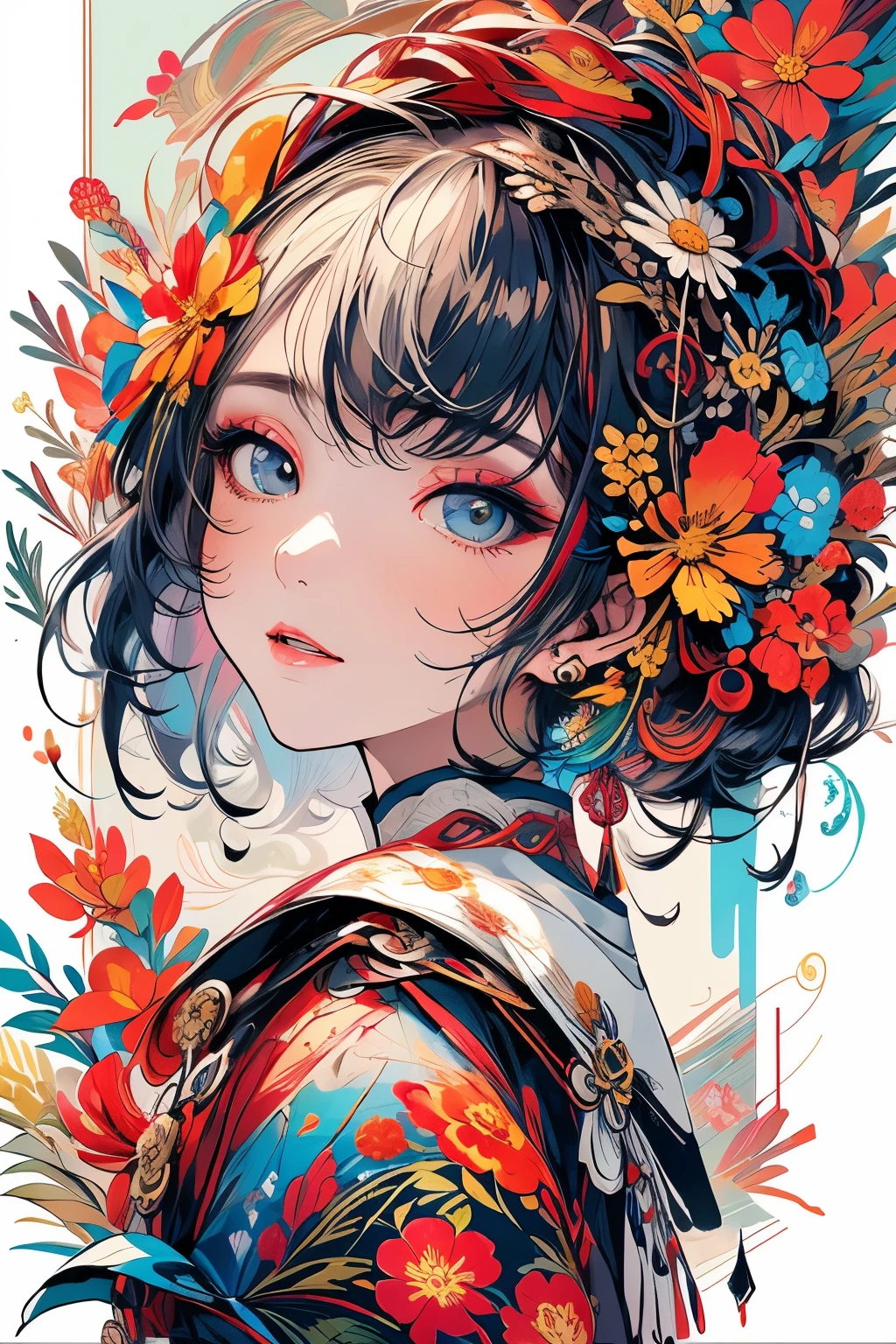 (​masterpiece、top-quality、top-quality、Official art、Beautifully Aesthetic:1.4)、Painterly、sketch、Texture、超A high resolution、独奏、Beautuful Women、A highly detailed、(Fractal Art:1.1)、(colourfull:1.1)(florals:1.6)、The most detailed、(Zentangle:1.2)、(Dynamic Poses)、(Abstract background:1.3)、(shinny skin)、(Many colors:0.8)、(耳环:1.4)、(pluma:0.9)、Taisho romance