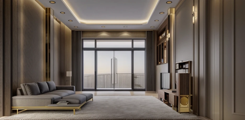 interior luxury, neo classic, minoti furniture, arafed view of a living room with a couch,bacara chandeliers, detailed,, archviz, highly photographic,white ceiling and wall ,  tall ceilings,  8k uhd, high quality, film grain, Fujifilm XT3, cinematic, slate grey, dramatic light, architecture, shadow in front, 5pm,