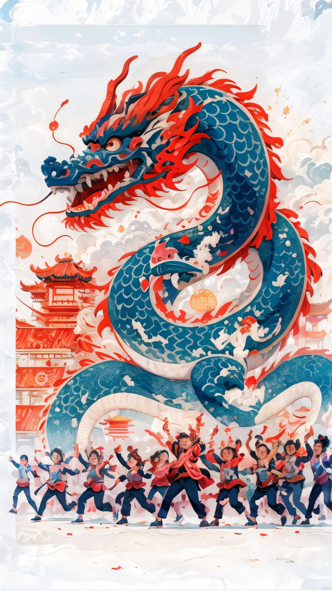 Draw a dragon，people run around it, Deng Sachin, Victor May and Tristan Eaton, jc leyendecker and Deng Sachin, in the style of Deng Sachin, chinesedragon concept art, full-colour illustration, Chinese hyper reality, chinesedragon, Blue dragon, victor my style, feng zhu |, chinese fantasy, majestic japanese dragon