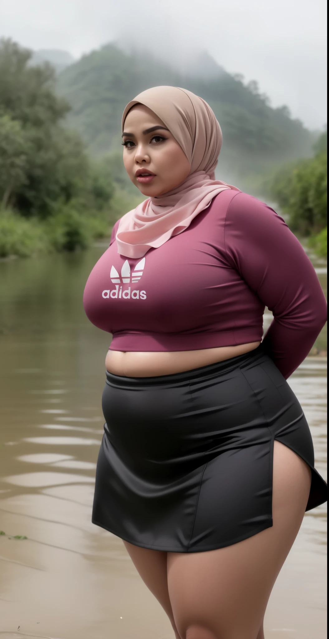 ((HIJAB MALAY GIRL)), ((BBW)), SHORTS, HUGE WIDE BUTT, WIDE BUTT, 63 YEAR OLD METURE women's, METURE women's, (ROSE LIPS), (ADIDAS SNEAKERS), (TIGH SKIRT), walking in style on a Village river, (ANGRY FACE EXPRESSION), TRANSPARENT, STAYING, THICK FOG. FOGGING,