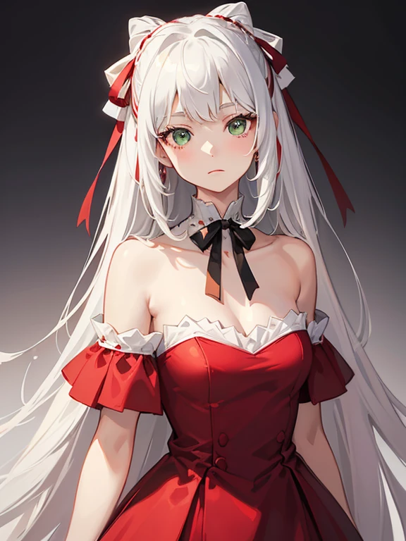 (bestquality, masterpiece), (An elegant girl , 1girl , solo, "red and silver Dress ", off-the-shoulder, standing, looking at the audience, "White Hair", Very Long-haired, black ribbon on hair, Gradient Green eyes, closed mouth, close up ), (white background)