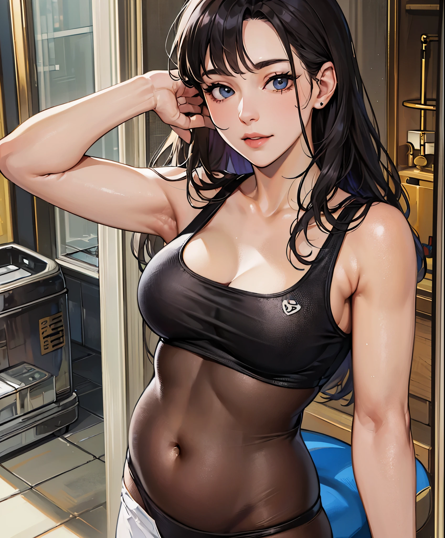 ((top-quality、8K、masterpiece:1.3))、1girl in、Beautiful woman with plump abs emphasized:1.3、full body 、(The long black haired、small tits:1.2)、Body Paint、Tank Tops:1.2、Super delicate face、Delicate eyes、二重まぶた、A smile、Home, random color clothes, tan skin, with thumbs up --auto --s2