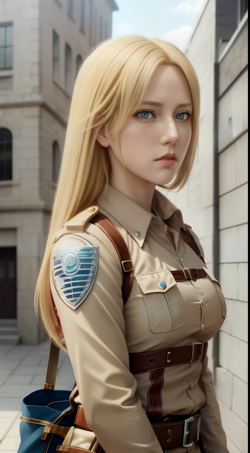 a woman with blonde hair and blue eyes standing in front of a building, looking like annie leonhart, annie leonhart, artgerm. high detail, from attack on titan, artgerm. anime illustration, extremely detailed artgerm, ”beautiful anime woman, ig model | artgerm, beautiful anime portrait, style artgerm,Attack on Titan female character Historia,golden hair,Long golden hair,Combat attire,binh,metal light holder,golden hair,blue color eyes