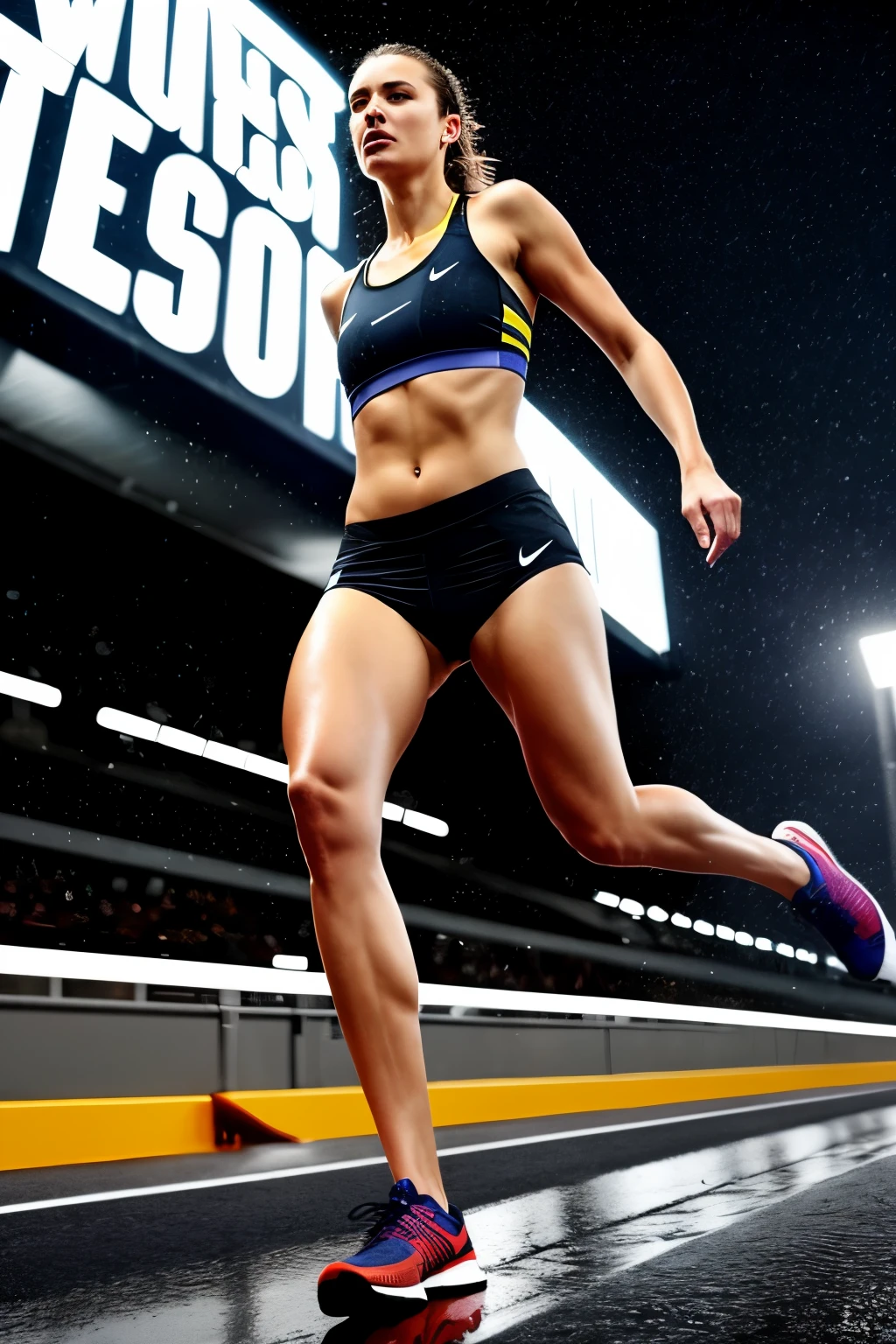 full body shot, view from low angle, A tall and fit European woman running on a racing track, rain, wet, night, dark, extremely realistic, hyperdetailed, masterpiece