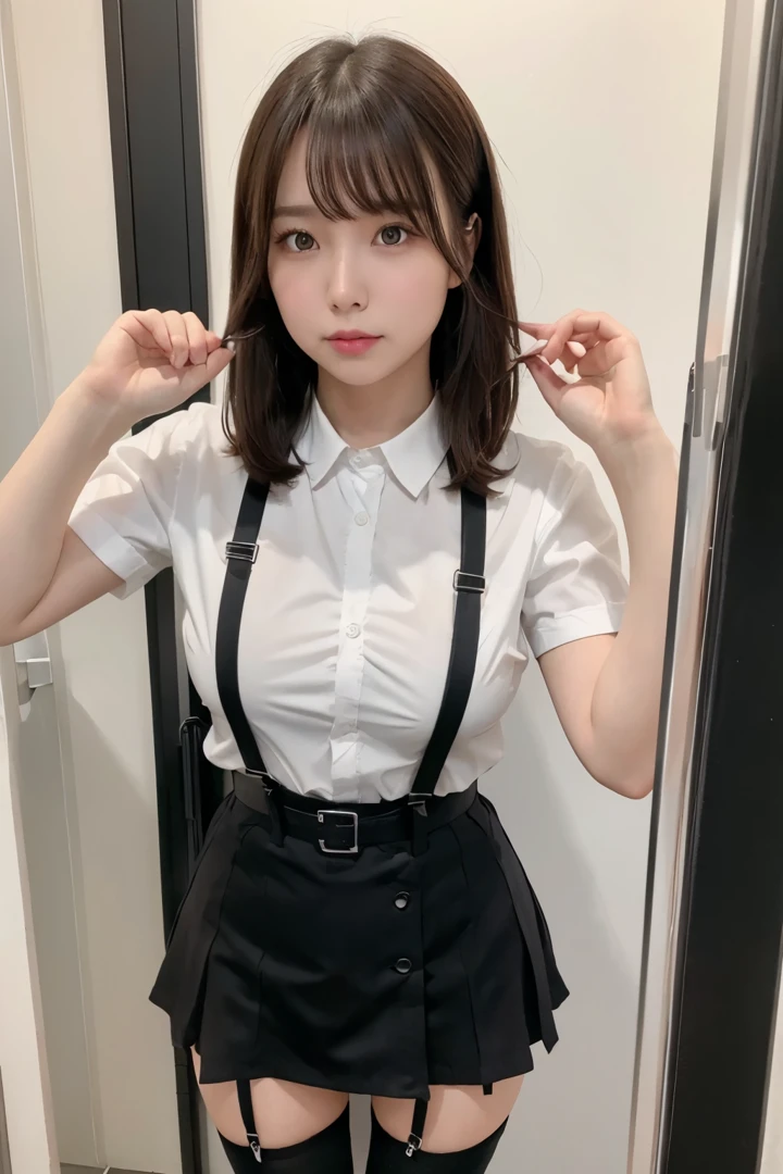 Brown hair、watching at viewers suspenders big breasts Black miniskirt garterbelts knee high socks Gaze Small face bangss Beautuful Women hands up Gaze Black boots Armpit sweat soio Fold your hands behind your back Belt Shirt teats