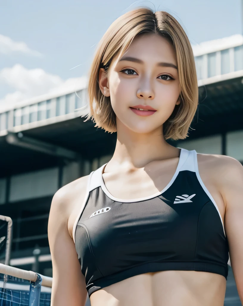 zydG, 1girl in, Front view, to stand, Look at viewers, Exposed skin, (From below),Brown-eyed, (Blonde very short hair:1.2), (Light hair), (medium breasts:1.4), smile with white teeth, (Photorealsitic:1.4), (Top image quality:1.0), (超A high resolution:1.0), 8K, Raw photography, (masterpiece:0.2), track and field uniforms, Show abs, (Sweat, Wetty:1.1), portlate, facefocus, fullllbody,(pureerosface_v1:0.5), plein air, track and field,