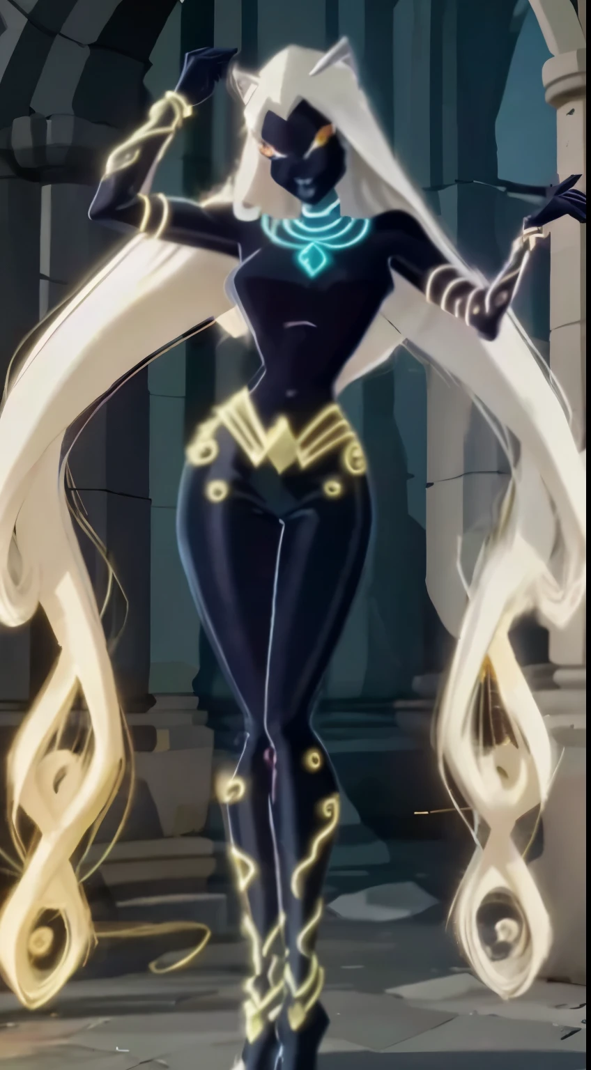 A beautiful and sexy warrior woman with long white hair and yellow eyes wearing golden goddess artemis armor in winx club style