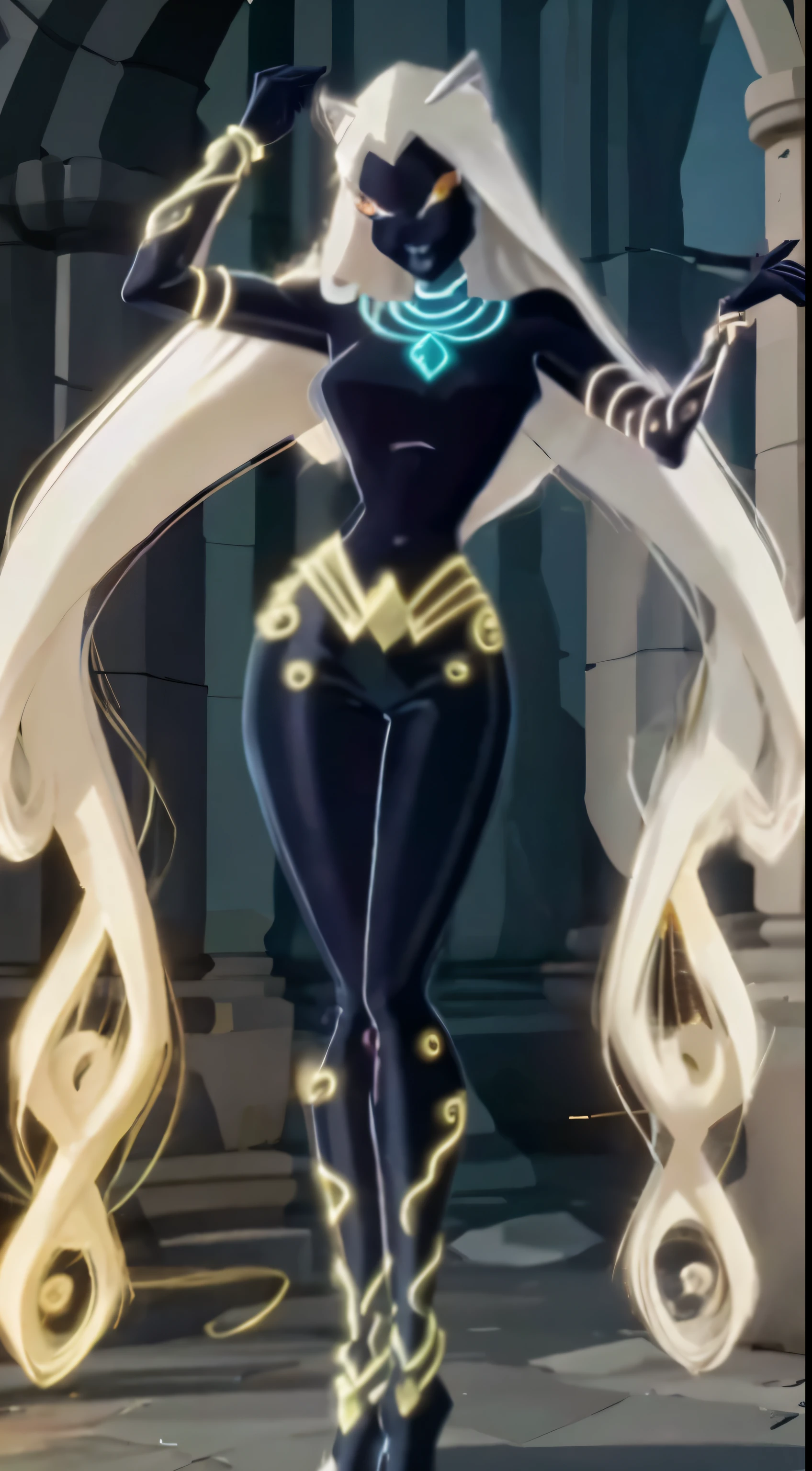 Uma linda e sexy mulher guerreira com longos cabelos brancos e olhos amarelos usando uma armadura dourada da deusa artemis no estilo winx club