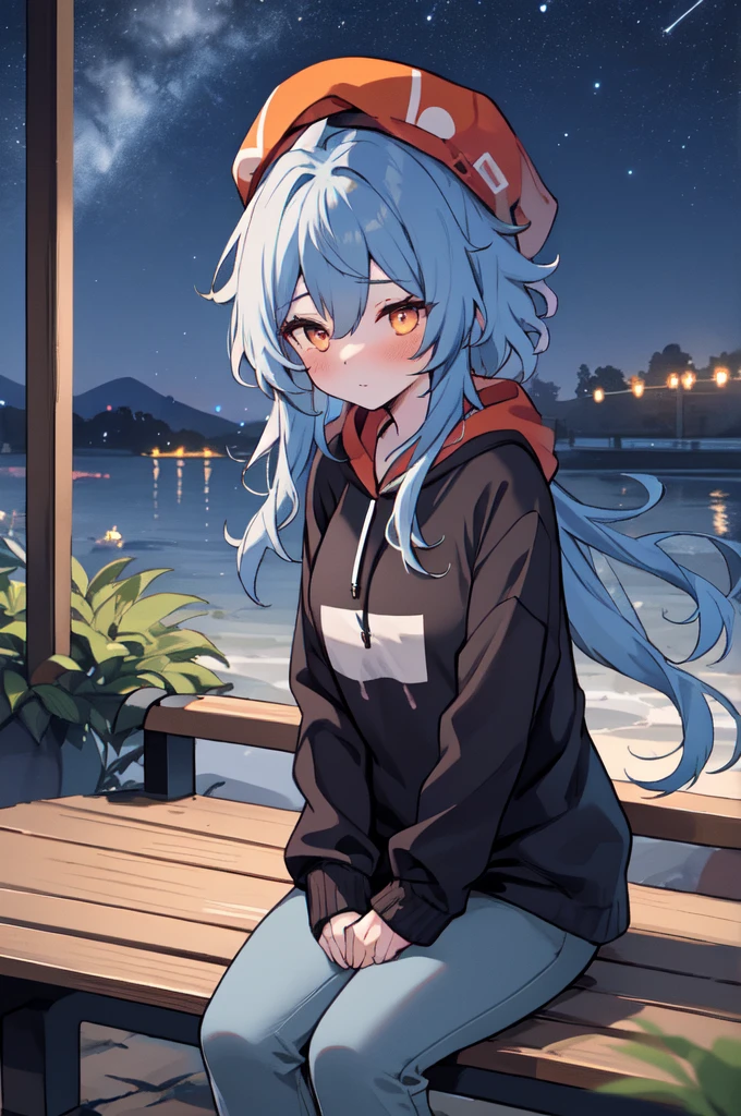 Best quality at best,1 girl, Dark, the night, sitting on a bench, backyard, vibrant the night sky, Ao olhar para cima, messy hair, redheadwear, Orange eyes, summer the night, hoody, Cropped pants, Cover up, 动态照明, Complicated details,