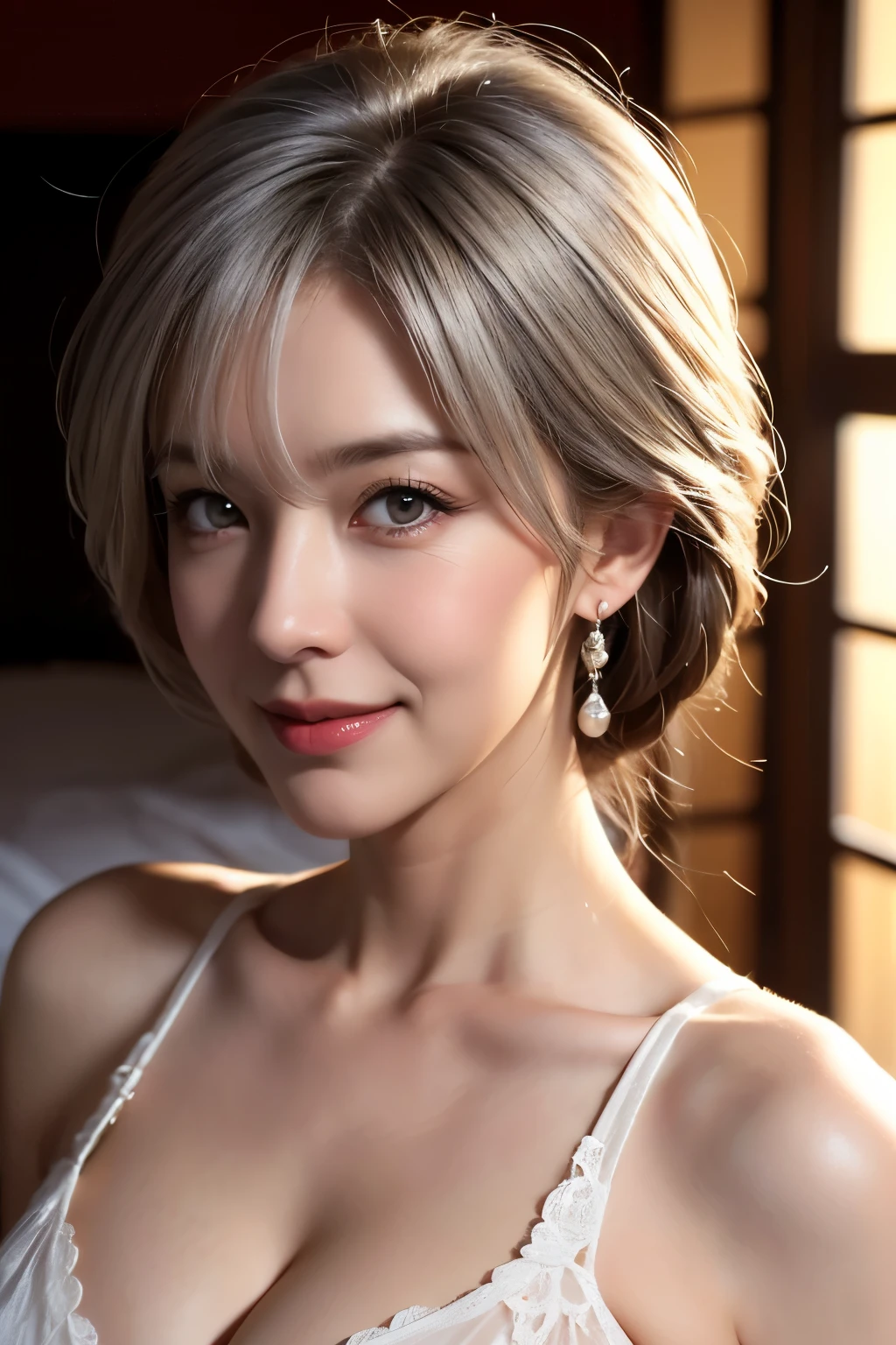 65 years old,(milf:1.2), a captivating gaze,(((long old gray hair))),Brown eyes, (A lot of wrinkles on her face:1.4), (There are many wrinkles on her chest1.4),Old Woman, Detailed wrinkles (8K, High resolution,ultra-quality, An ultra-high picture quality,Ultrarealistic,Best Quality,masuter piece:1.2)(breasts are large,Large cleavage:1.1) ,(Old Woman in Japan) ,sexy langeries,eyes visible through hair, Proper eye position,Cinematic Light,Soft light,lower back,Night time,Soft moonlight,detailed color graded background,Convoluted, ighly detailed,8K,Overall silhouette,Bedrooms,Looking down,smile,