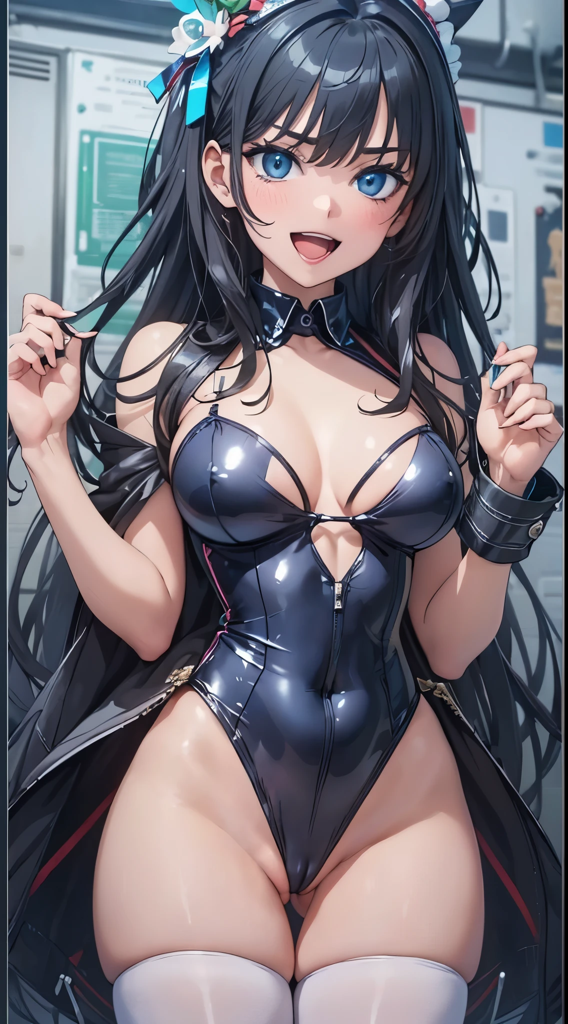 1womanl,Black hair,14years ,(()),Beautiful breasts,(((sexy white and blue shiny bunny suit)))(())(((Blushing cheeks、Smile with open mouth)),(((Satin Narico))),((( portlate))),Crowds,white and blue bunny suit