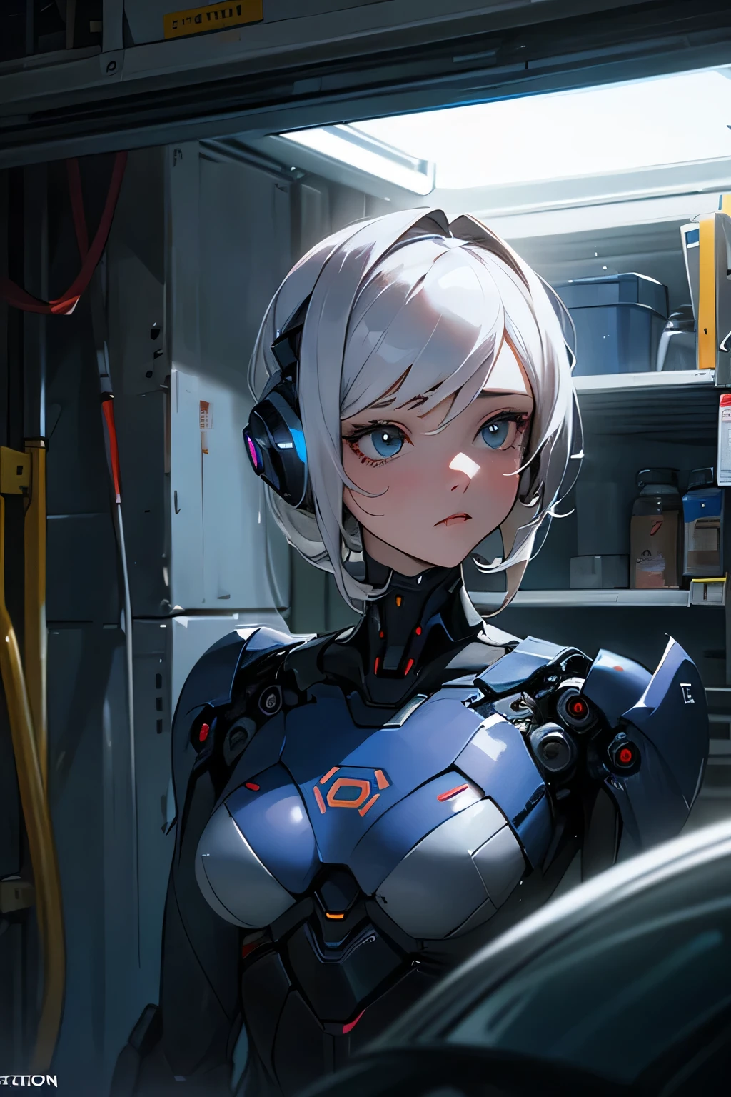 Portrait of robot woman in garage at night, scienc_fiction