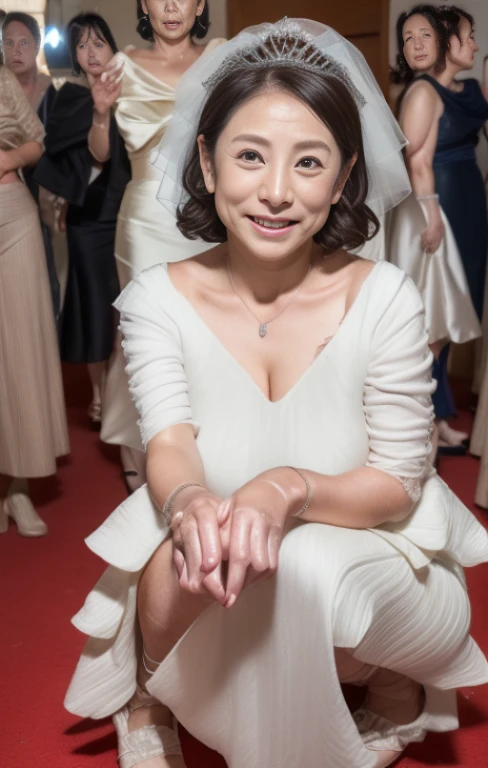 Best Quality, hight resolution, Hires, Skin definition, Detailed skin, Detailed eyes, Detailed face, 4K, 日本人A MILF, ((独奏)), (((70 years old))), (Wrinkles at the corners of the eyes:1.8), (nasolabial folds:1.8), A MILF, glamor, A sexy, Chromo-white skin, ((Wavy Longhair)), Looking at Viewer,(((Aging skin:0.8))), ((loose muscles:0.8)), (((Very large breasts:1.28))), ((Saggy udder)), (Saggy buttocks), ((Japanese Models)), 4K, (photoRealistic:1.5), Realistic, nffsw, Beautiful, Bimbo, face-makeup:1.1, eye make up:1.2, a necklace, piercings, {(((weddingdress))), (((long  skirt))), (((Skirt with slits))),(((Long veil))), (garterbelts), (White fishnet stockings), ((shining tiara)}}, ssmile, on the red carpet in the church, Spread legs, Squatting