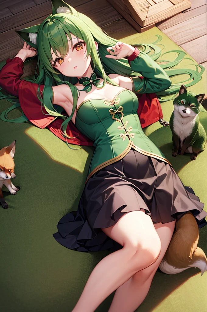 Red fox、green raccoon dog、a beauty girl、personification、hight resolution、