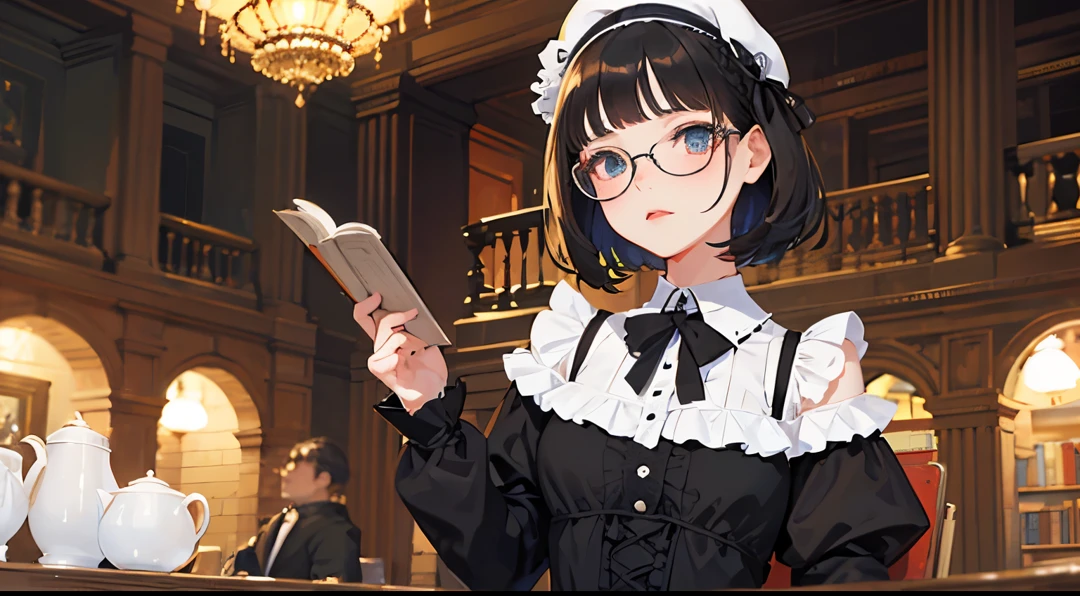 masterpiece, PERFECT FACE, Detailed heterochromia eyes, gothic, 1girl, , short black hair, very detailed hair, girly beret, eyeglasses, librarian, elegant, gothic, cute standing pose, library background, books