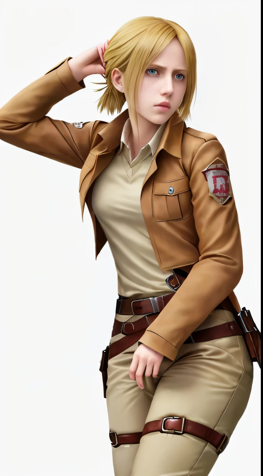 a close up of a person wearing a jacket and pants, annie leonhart, looking like annie leonhart, from attack on titan, inspired by Armin Hansen, snk, shingeki no kyojin, in attack on titan, inspired by Armin Baumgarten, eren yeager, eren jaeger, attack on titan anime style,Attack on Titan female character Historia,golden hair,Long golden hair,Combat attire,binh,metal light holder,golden hair,blue color eyes
