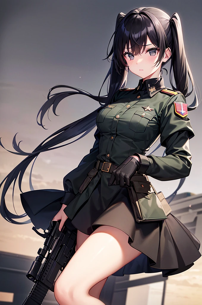 a beauty girl、army、Assault rifle possession、military outfits、Military uniforms、Black hair twintails、war zone、hight resolution、Crisp look、