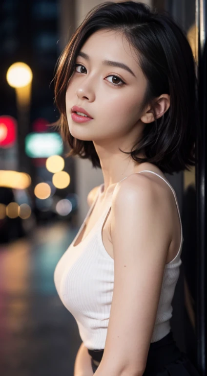 Masterpiece, Best Quality, Extremely detailed, Cinematic Lightning, intriciate detail, high resolucion, Official Art, Beautiful face and eyes with delicate details, high resolucion 그림, 8K, Bokeh, Solo, 1Girl, girl with red eyes,black short hair, Beautiful red eyes, beautiful scenery, Rainy city, s whole body, looking up at viewer,Pantyhose,