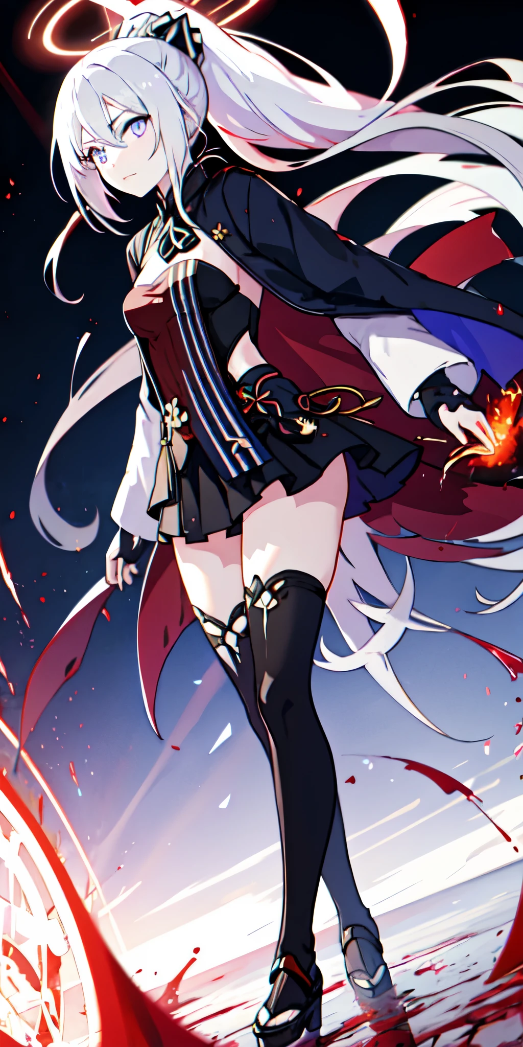 1girl, japanese clothes, ponytail ,white hair, purple eyes, magic circle, blue fire, blue flames, wallpaper, landscape, blood, blood splatter, depth of field, night, light particles, light rays, sidelighting, thighs, fate \(series\), genshin impact, ****, open jacket, skirt, thighhighs, cloud