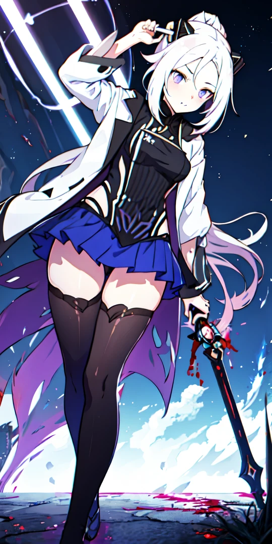 1girl, japanese clothes, ponytail ,white hair, purple eyes, magic circle, blue fire, blue flames, wallpaper, landscape, blood, blood splatter, depth of field, night, light particles, light rays, sidelighting, thighs, fate \(series\), genshin impact, ****, open jacket, skirt, thighhighs, cloud