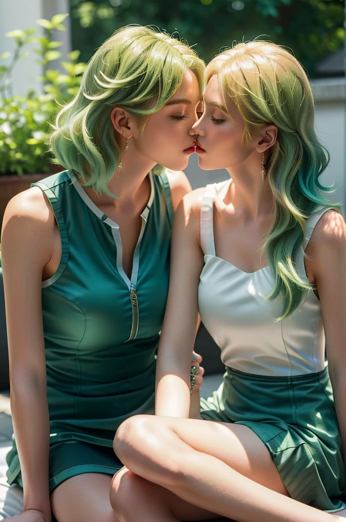 (a romantic and sexy scene, 2 women kissing, Alisa Reinford with long blonde hair and Musse Egret with short green hair), sleeveless dresses, high resolution. (sexy:1.2, vibrant colors, flawless editing:1.3, natural hair and realistic details:1.2)