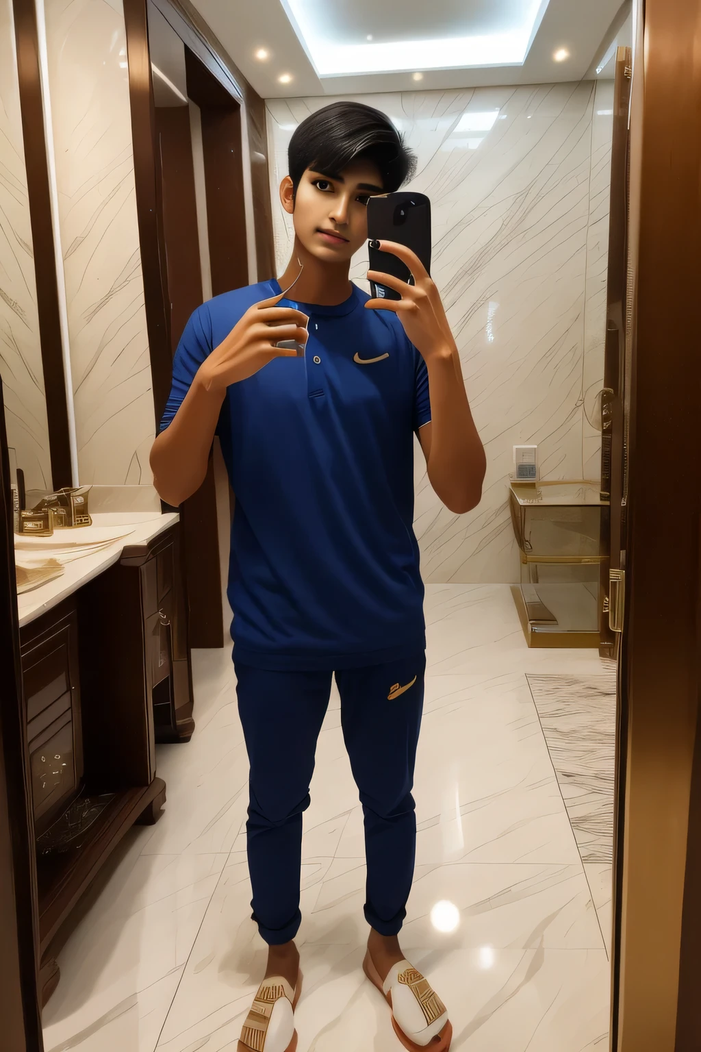 indian boy taking a selfie in a rich mansion