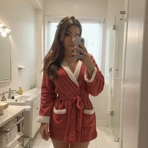 woman in red and white bathrobe, selfie from mirror