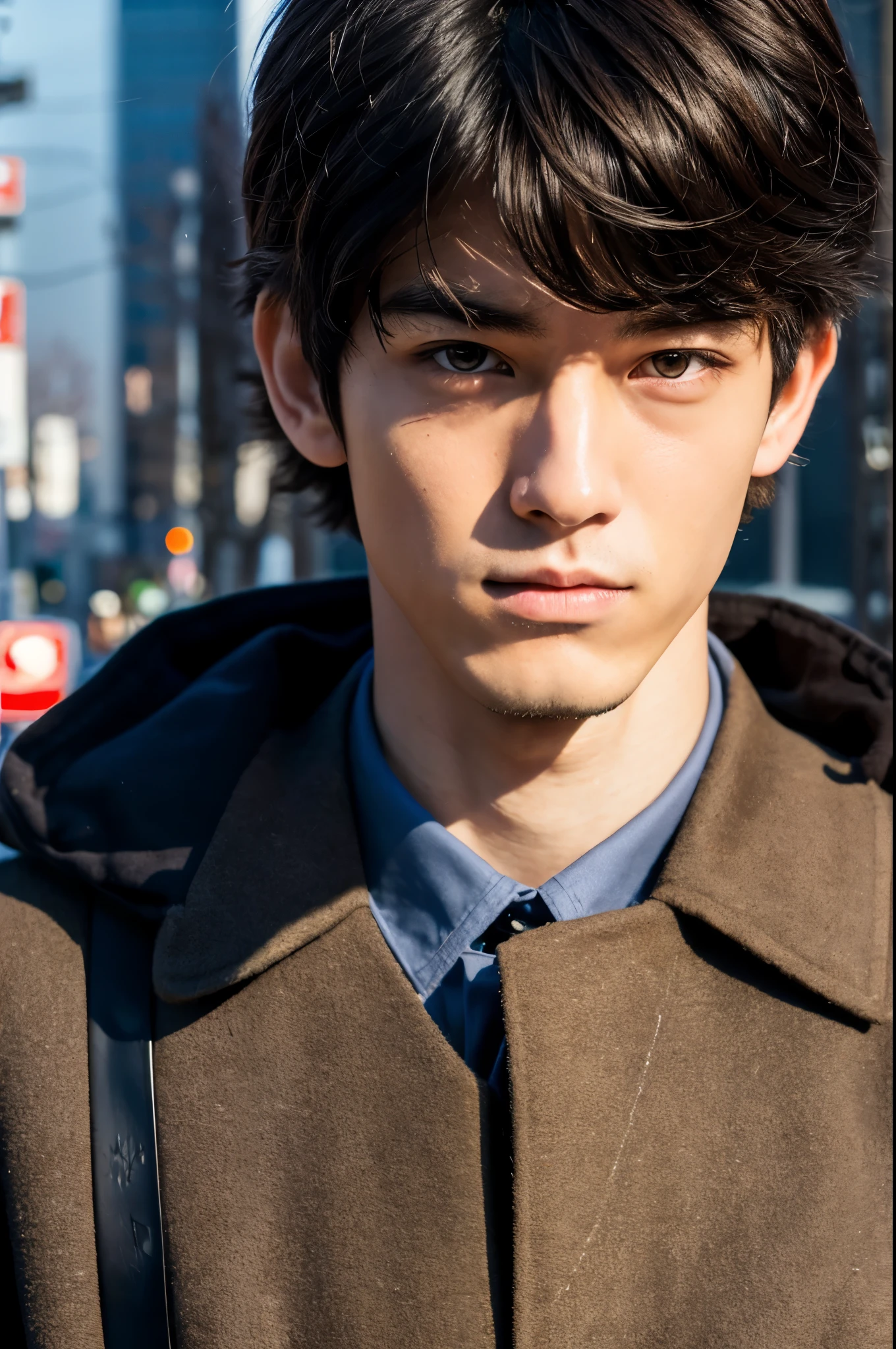 Photorealsitic, 8K full body poster, Beautiful Boys, japanes, An 18-year-old man, grim facial expression, A charming expression, detailed face details, TOKYOcty, Winters, Shibuya in the background