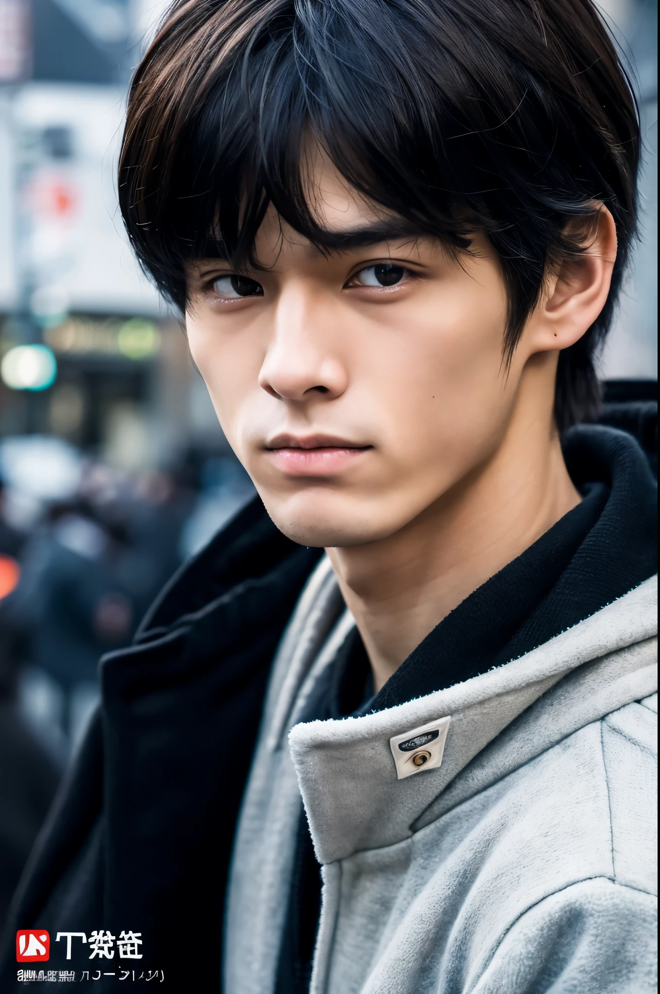 Photorealsitic, 8K full body poster, Beautiful Boys, japanes, An 18-year-old man, grim facial expression, A charming expression, detailed face details, TOKYOcty, Winters, Shibuya in the background