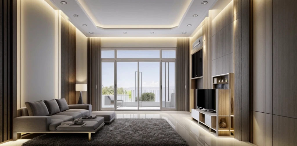 interior luxury, neo classic, minoti furniture, arafed view of a living room with a couch,bacara chandeliers, detailed,, archviz, highly photographic,white ceiling and wall , tall ceilings, 8k uhd, high quality, film grain, Fujifilm XT3, cinematic, slate grey, dramatic light, architecture, shadow in front, 5pm,
