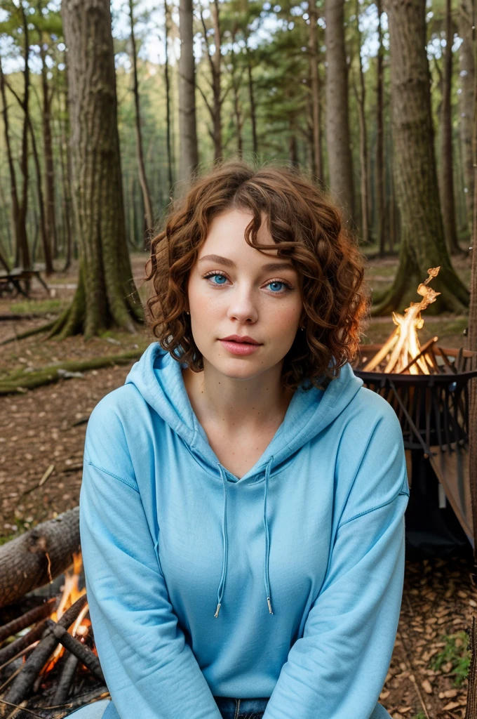 magnificent young woman with blue eyes, this woman has short and curly hair, luscious lips and is in the woods, she is wearing a boho hoody and blue jeans making a campfire