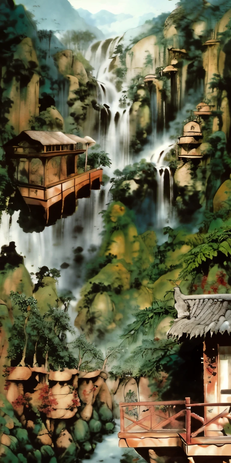 there is a painting of a tropical landscape with a waterfall, very detailed paradise, 3D render e pintura fosca, pintura fosca extravagante, Pintura 3D fosca hiperdetalhada, hyperdetailed Pintura fosca 3d, Pintura fosca 3d, photopintura fosca realista, illustration matte painting, organic matte painting, Pintura fosca renderizada em 3D, pintura fosca realista, with trees and waterfalls