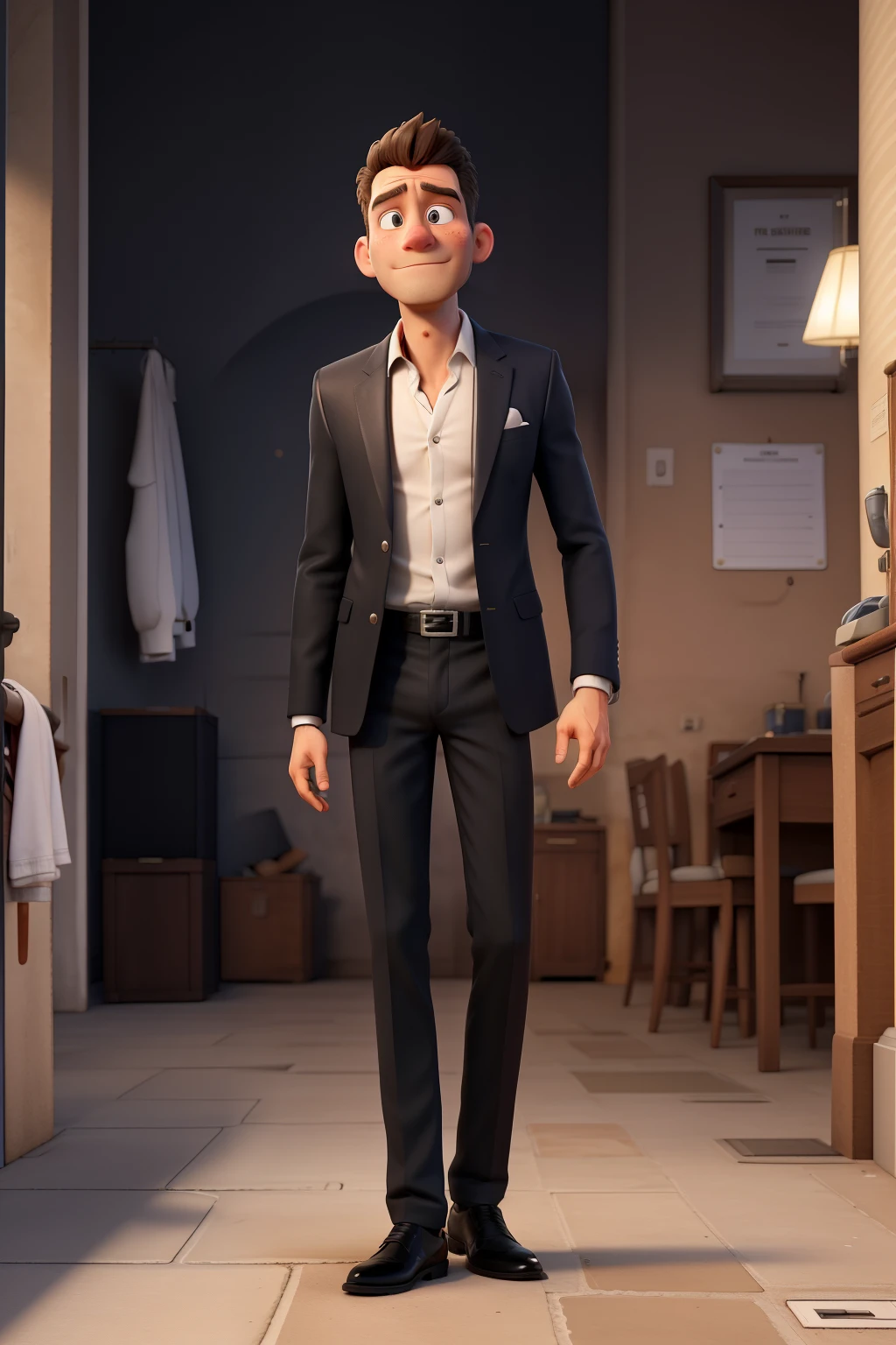Ein Mann der in seine Leeren Hosentaschen greift und jeweils den Stoff rauszieht. Die Taschen sind leer. He looks in sweaty and ashamed. The man is wearing a white shirt and black suit pants and black patent leather shoes. Im Hintergrund etwas passendes. Es soll darum gehen, that if you want to save the world, you have to save your money first, da Geld power bedeutet, with which you can change something.
