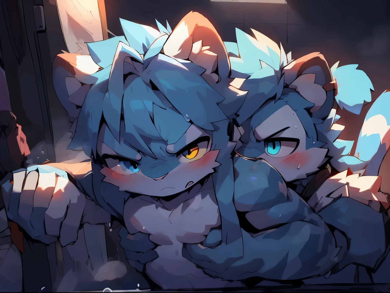 A man with a white tiger, a sky-blue striped tiger pattern, a long tiger tail, a yellow left eye, a sky-blue right eye, blue eyebrows, sky-blue hair, long hair, eyes closed,white,washroom background, caressing,anger,serious expression,naked,penis,pain,Sweat,pre-cum,Backhug,touching one's chest